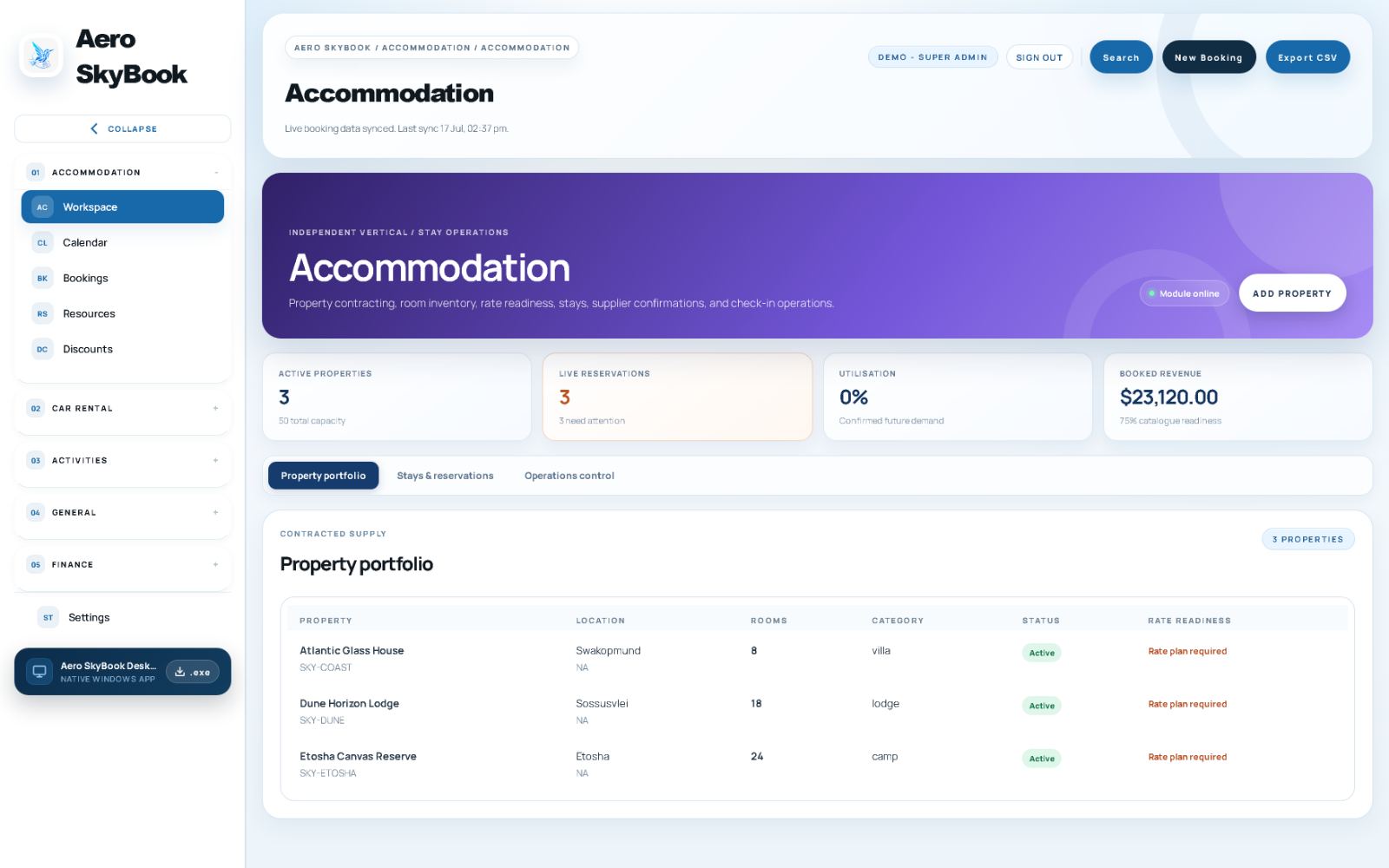 Aero SkyBook Accommodation workspace, live product screenshot