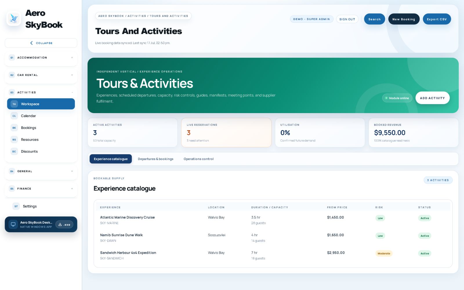 Aero SkyBook Tours and Activities workspace, live product screenshot