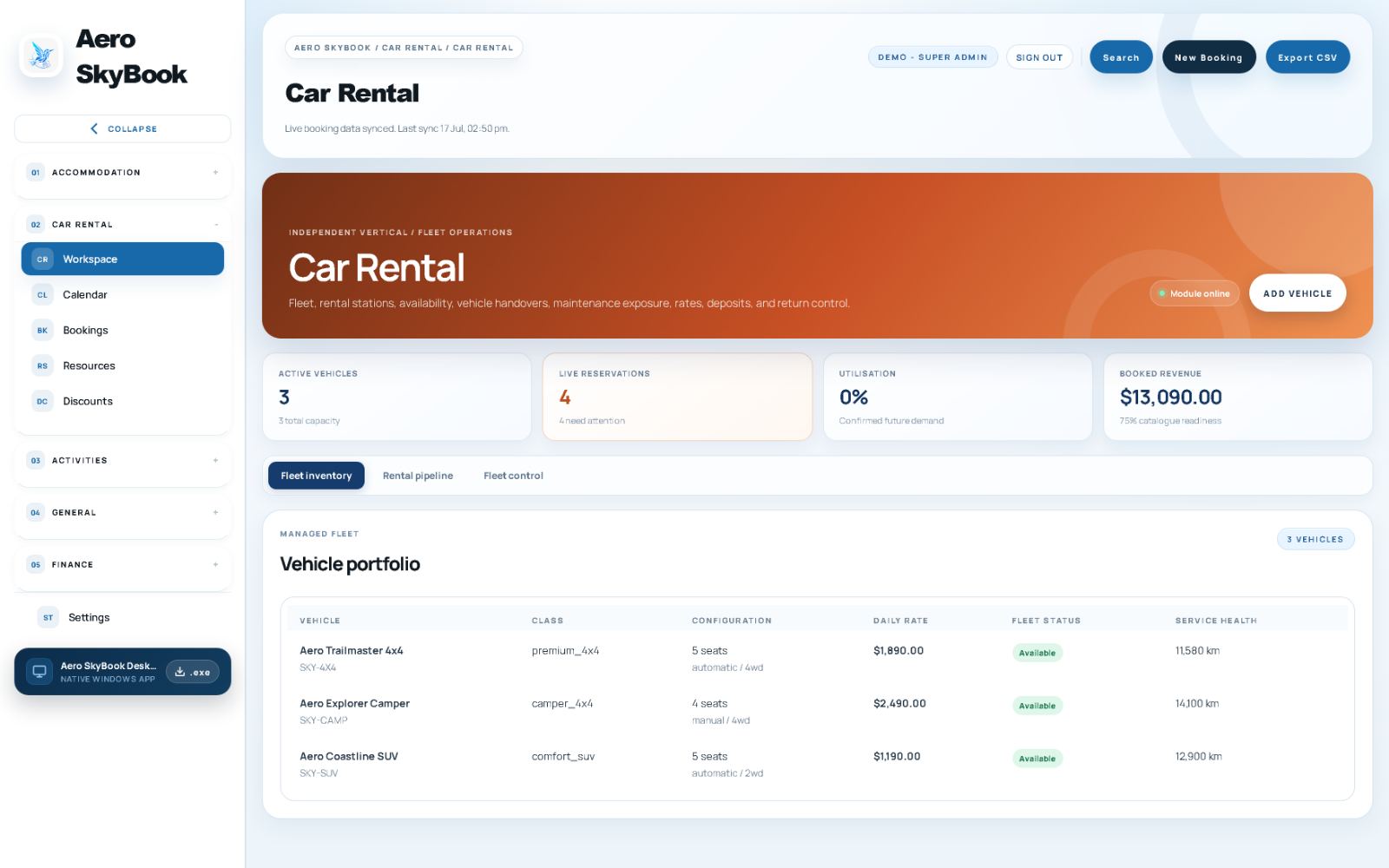 Aero SkyBook Car Rental workspace, live product screenshot