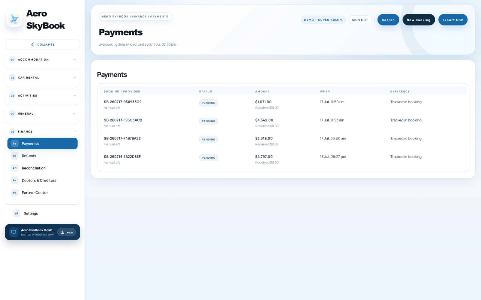 Aero SkyBook Finance and Payments workspace, live product screenshot