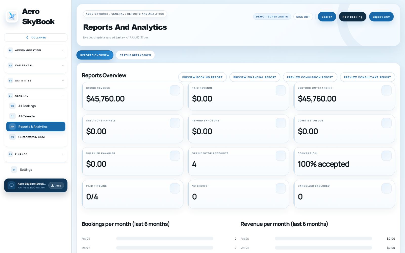 Aero SkyBook Finance and Payments, live product screenshot